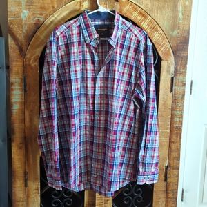 Johnston & Murphy Long Sleeve Button Down Dress Shirt. XL. Red Blue Gray Plaid